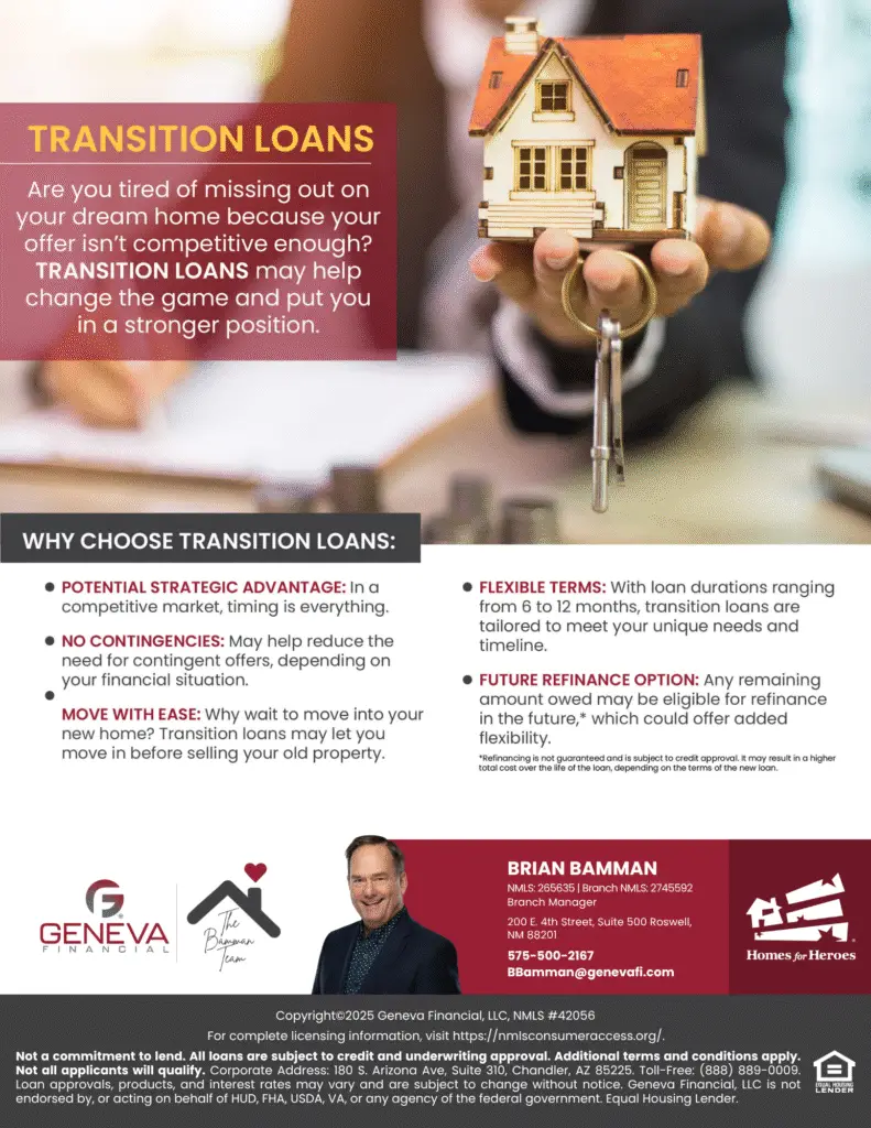 Transition Loans flyer showing benefits of bridge financing with Geneva Financial and Brian Bamman