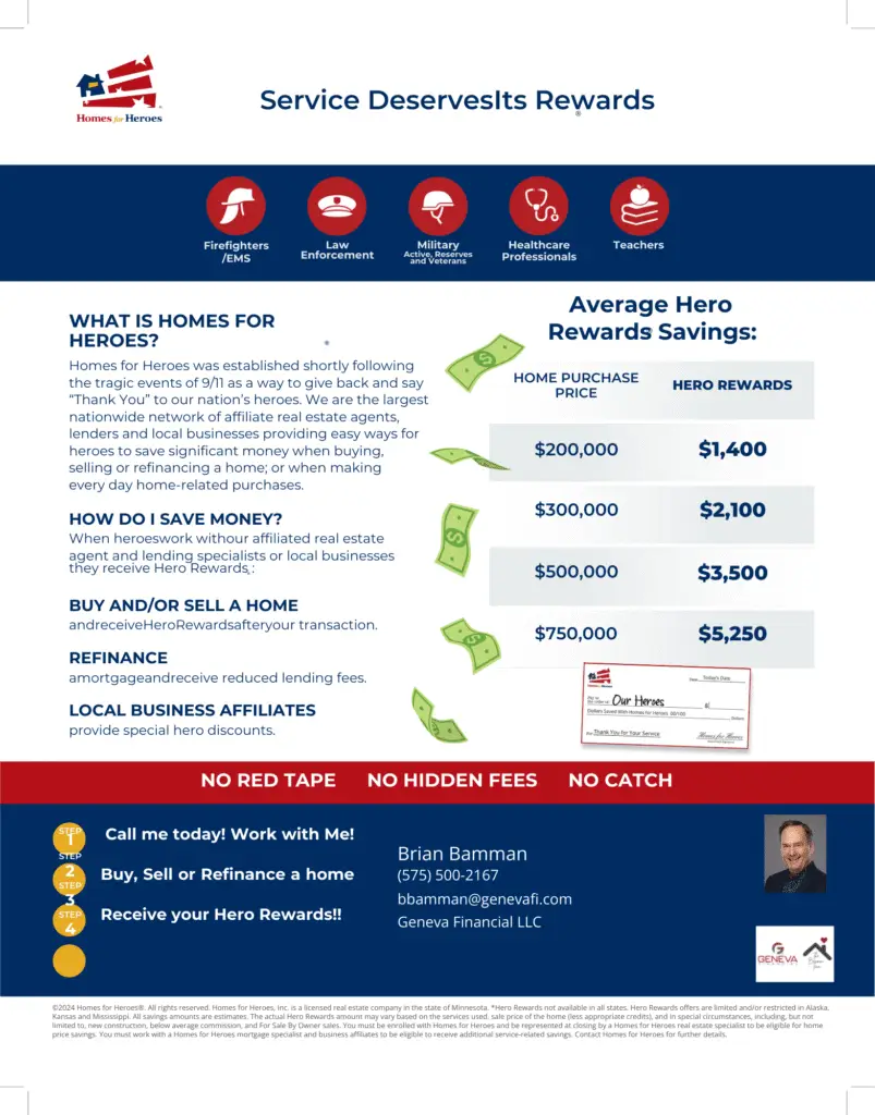 Homes for Heroes program flyer showing service rewards for firefighters, law enforcement, military, healthcare professionals, and teachers