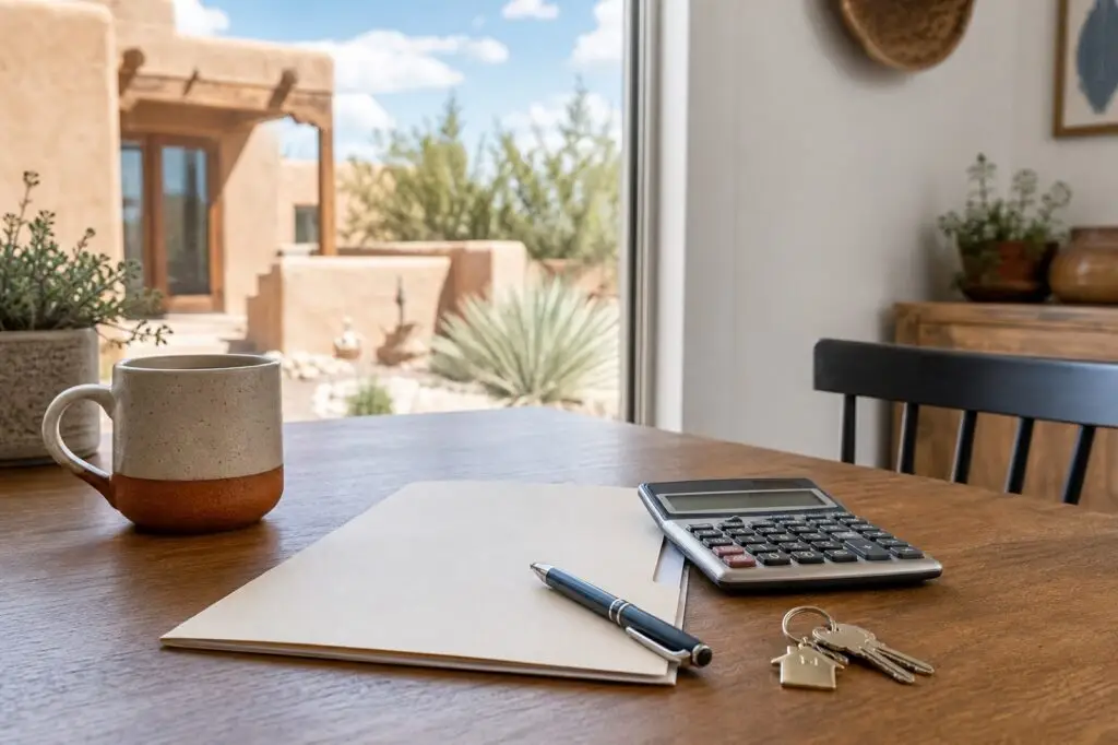 House keys, calculator and mortgage planning documents in a New Mexico home