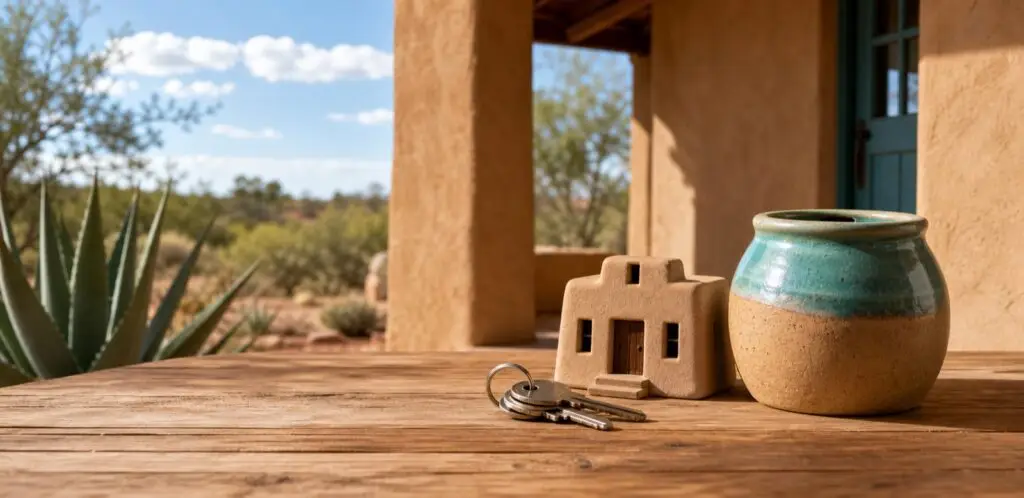Adobe-style home, house keys and savings jar in Roswell, New Mexico