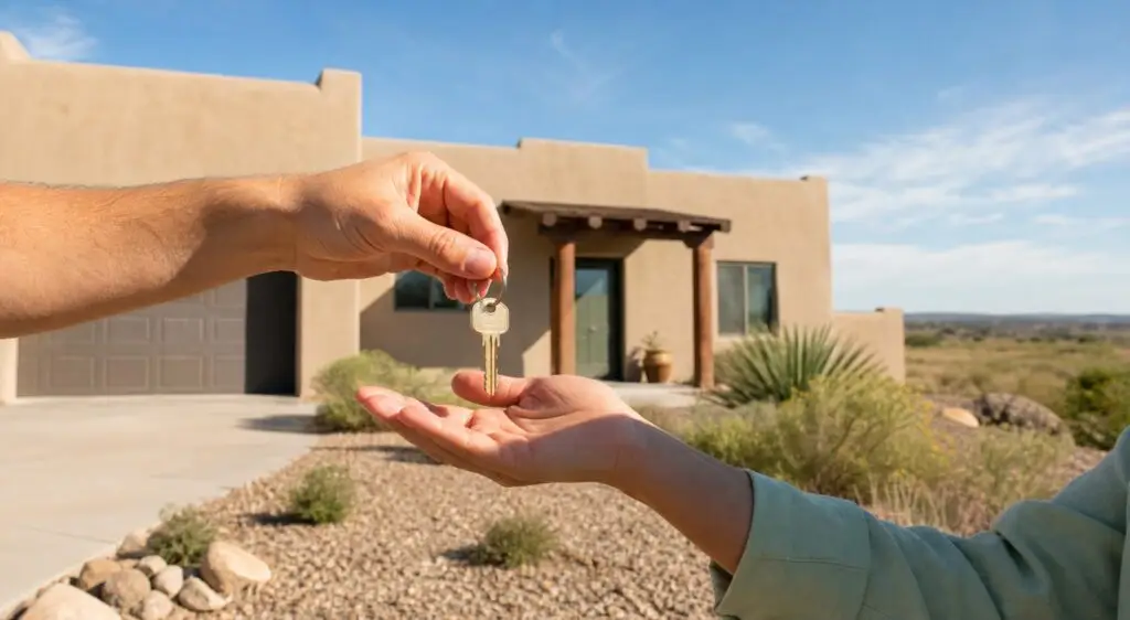 Homebuyer receiving house keys outside a Southwestern home in Roswell, New Mexico